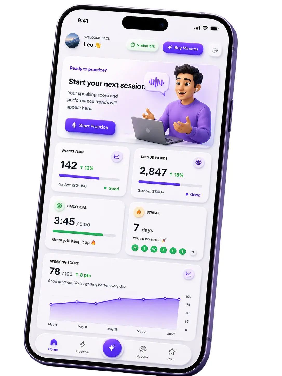 Whisperly speaking coach dashboard preview showing spoken score metrics and voice feedback